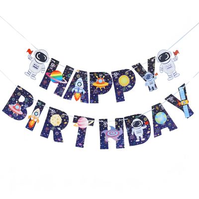 Astronaut Happy Birthday Banner, Space-Themed Garland with Planets and Rockets Design, Kids Outer Space Birthday Decorations, Colorful Wall Hanging Letter Bunting for Children's Party Supplies