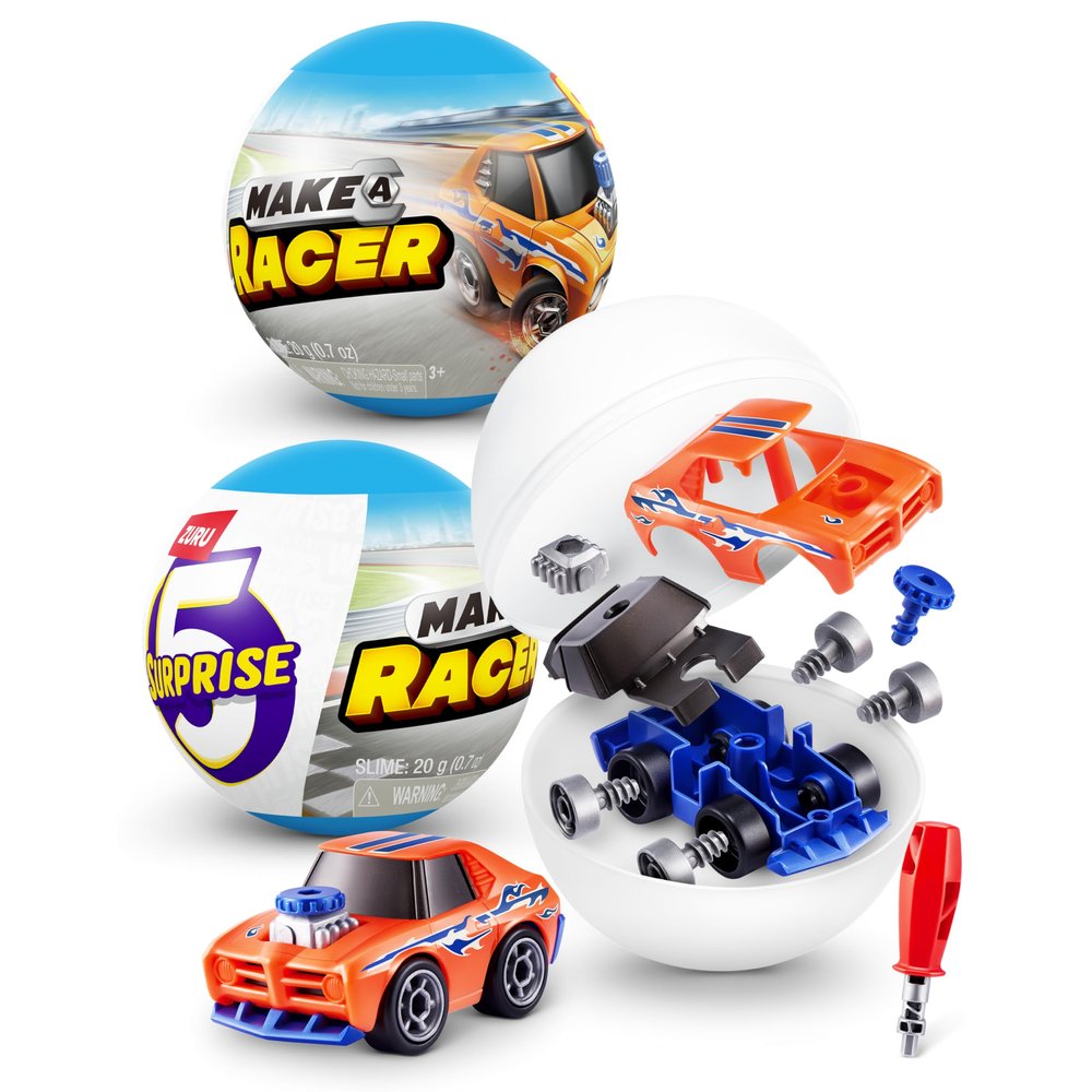 5 Surprise Make-A-Racer Race Car Vehicle Themed Novelty Unboxing Toy Collectible Mini's by ZURU (2 Capsules)