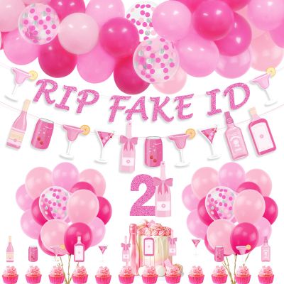21st Birthday Decorations for Her, Pink Champagne Wine Bottle 21st Birthday Party Decoration for Women, RIP Fake ID Banner, Cake Topper, Balloons for Girls Twenty-One Year Old Bday Party Supplies