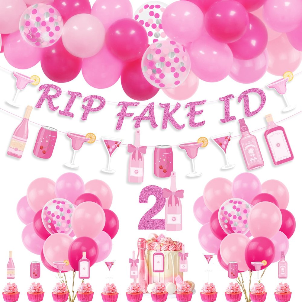 21st Birthday Decorations for Her, Pink Champagne Wine Bottle 21st Birthday Party Decoration for Women, RIP Fake ID Banner, Cake Topper, Balloons for Girls Twenty-One Year Old Bday Party Supplies