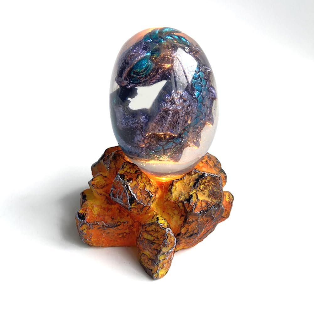 Easter Eggs Lava Dragon Eggs with Glowing Base Ornament, Crystal Clear Resin Dragon Eggs, 3D Dragon Eggs with Dragon Inside Fire Pocket Dragon Keepsake Tabletop Ornament (Blue)