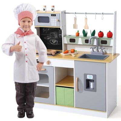 Kids Kitchen Playset with Cookware Accessories,Wooden Mini Pretend Toy Kitchenette,Farm & Kitchen Chef Pretend Play Set with Ice Maker, Chalkboard, Planter Area, Ages 3+,Colorful