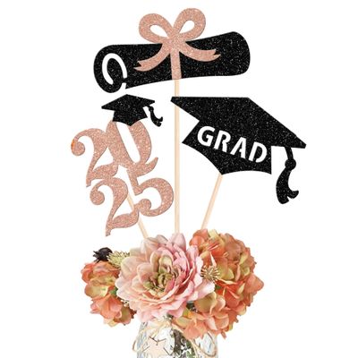12 Pack 2025 Graduation Centerpiece Sticks Assembled Glitter Class of 2025 Lawyer Cake Toppers Diploma Grad Cap Table Centerpiece Sticks for Law School Survivor 2025 Graduation Party Rose Gold