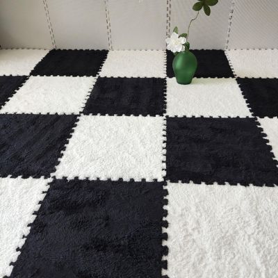 12 Pcs Interlocking Carpet Rugs with Edgings,Plush Floor Tiles 12X12 Inch,Puzzle Foam Playmat,Interlocking Foam Tiles(Size:0.39 inch,Color:Black+White)