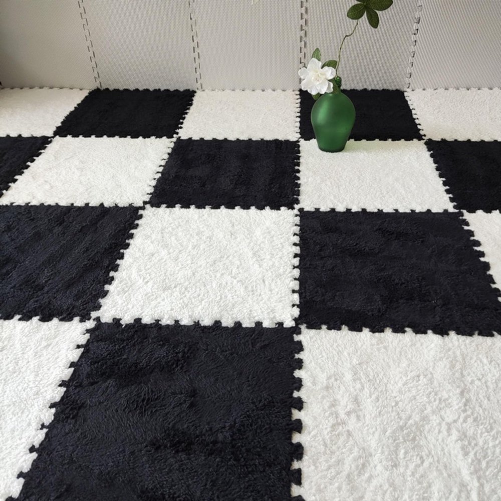 12 Pcs Interlocking Carpet Rugs with Edgings,Plush Floor Tiles 12X12 Inch,Puzzle Foam Playmat,Interlocking Foam Tiles(Size:0.39 inch,Color:Black+White)