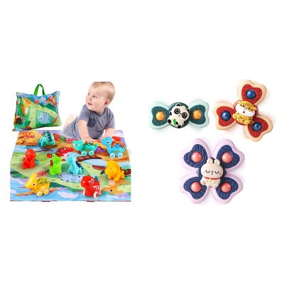 ALASOU 9 PCS Dinosaur Car Toys with Playmat and 3 PCS Suction Cup Rotating Toys for Infant and Toddlers