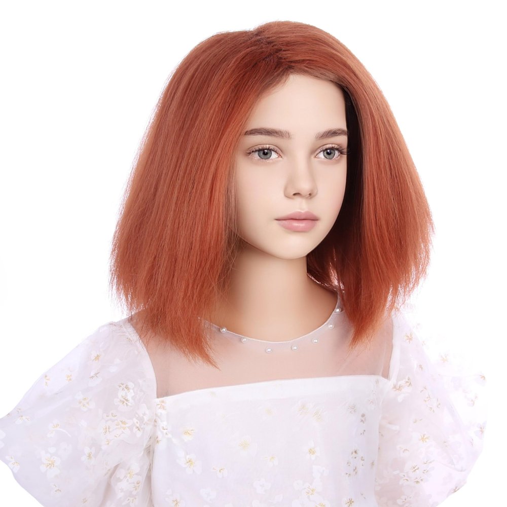 DUDUWIG Orange Brown Straight Wig Short Orange Side Part Wig for Halloween Cosplay Heat Resistant Synthetic Wigs with Wigs Cap (Small Size)