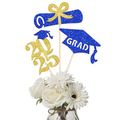 12 Pack 2025 Graduation Centerpiece Sticks Assembled Glitter Class of 2025 So Proud of You Cake Toppers Diploma Grad Cap Table Centerpiece Sticks for 2025 Graduation Theme Party Blue Gold