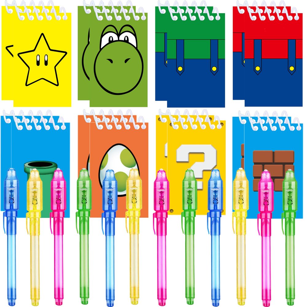 Jiaoohoo 24 Pcs Super Bros Party Favors | Set of 12 Invisible Ink Pen and 12 Super Bros Mini Notepads | Gift Bag Stuffers for Super Bros Party Supplies