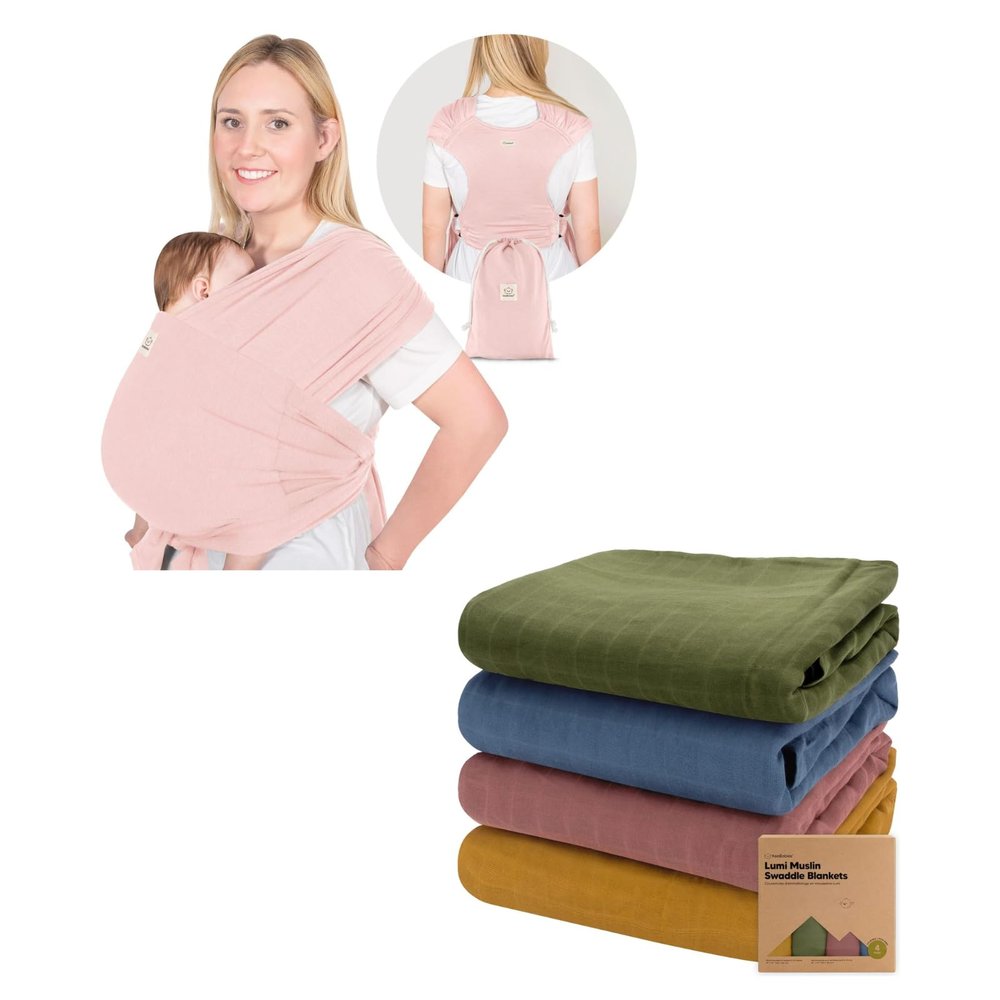 Keababies Baby Wraps Carrier, D-Lite Baby Wrap and 4-Pack Muslin Swaddle Blankets for Baby Boys, Girls - Easy-Wearing, Adjustable Baby Sling Carrier Newborn to Toddler - Organic Baby Blankets