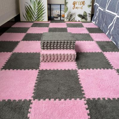 20 Pieces Square Area Rugs,Interlocking Foam Carpet Tiles,Plush Floor Mat,Puzzle Play Mat,Parlor,1x1 Ft(Size:0.23 inch,Color:Pink+Gray)