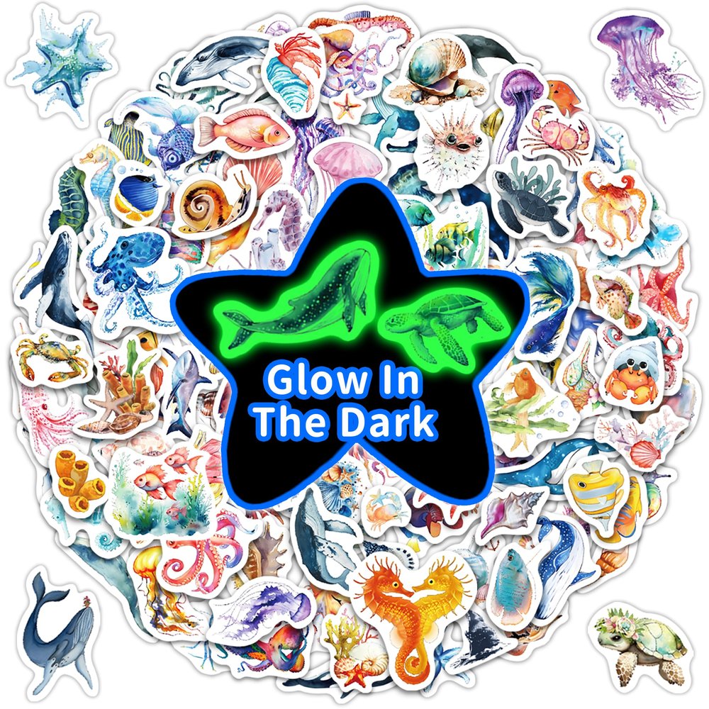 Fish Water Bottle Stickers for Kids Glow in The Dark, 149 PCS Vinyl Waterproof Stickers Pack for Laptop Skateboard Phone Case, Cute Colorful Ocean Decals for Teens