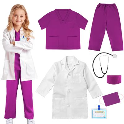 COTATERO Doctor Scrubs Costume for Kids With Stethoscope Lab Coat Career Day Costume Halloween Dress Up For Boys Girls 3-12 (Purple, XL-140/7-8Y)