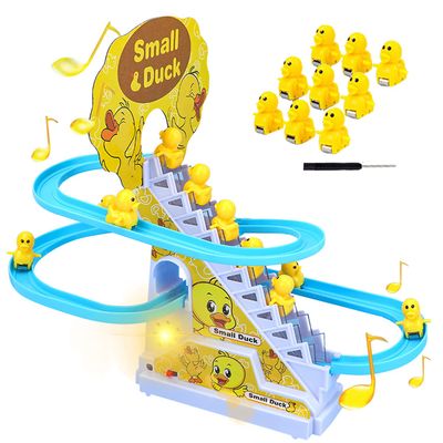 Small Duck Climbing Stairs Toy,Electric Duck Roller Coaster Toy Set,with LED Flashing Lights & Music,Duck Track Slide Toy Gift for Birthday Christmas,Kids Age 39Pcs Ducks