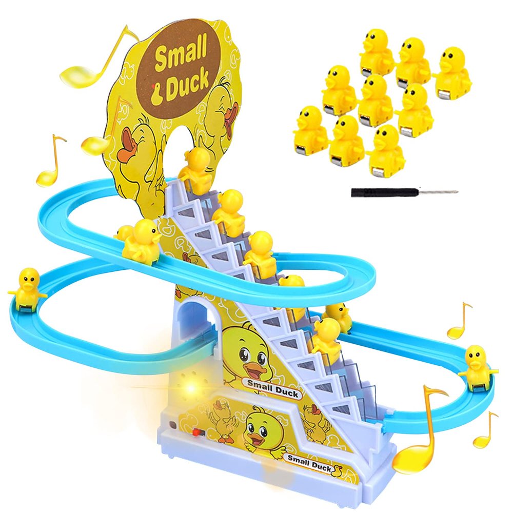 Small Duck Climbing Stairs Toy,Electric Duck Roller Coaster Toy Set,with LED Flashing Lights & Music,Duck Track Slide Toy Gift for Birthday Christmas,Kids Age 39Pcs Ducks