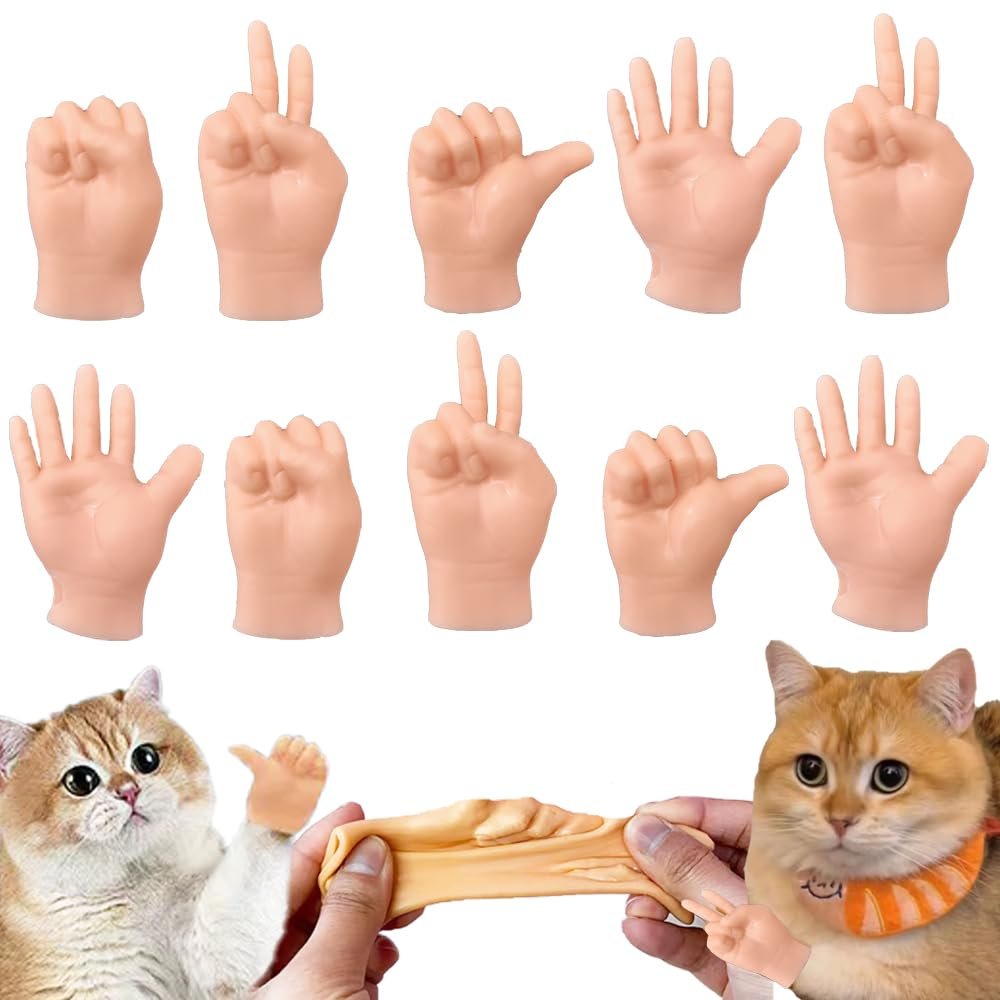 fnqiank 10 PCS Mini Hands for CatsSmall Hands Tiny Folded Hands Mini Realistic Hand Finger Puppets for Puppet Show,Gag Performance, Funny Stretchable Rubber Little Finger Hands for Cats and Puppy