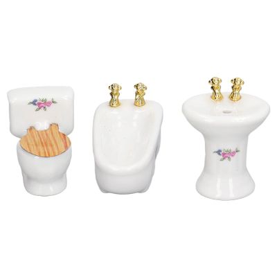 3Pcs Dollhouse Bathtub Set, 1:24 Scale Dollhouse Miniature Bathroom, Simulation Ceramic Bathtub Toilet Sink Kit for Dollhouse Restroom Decoration (Small Floral)