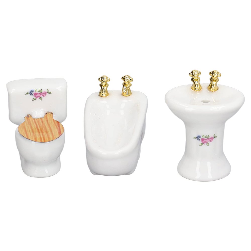 3Pcs Dollhouse Bathtub Set, 1:24 Scale Dollhouse Miniature Bathroom, Simulation Ceramic Bathtub Toilet Sink Kit for Dollhouse Restroom Decoration (Small Floral)