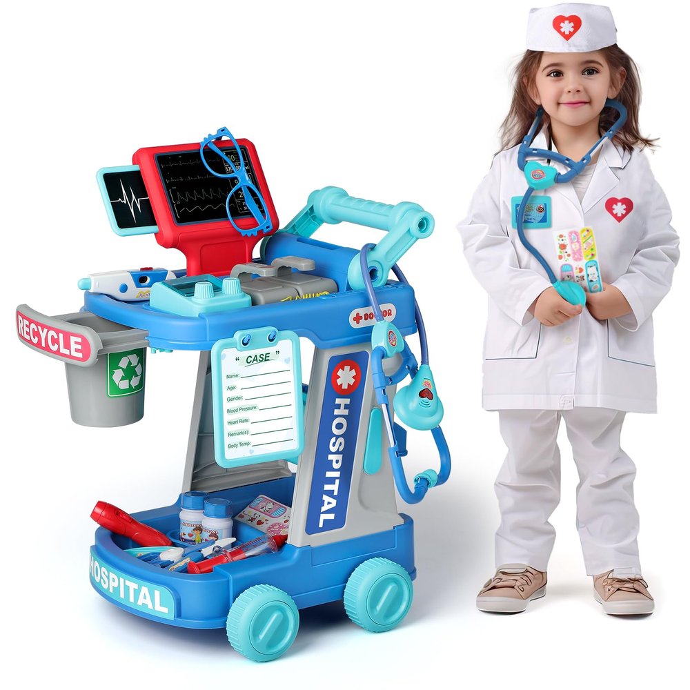 Liberry Doctor Kit for Toddlers Ages 2 3 4 5, Pretend Kids Doctor Playset with Cart, Costume and Stethoscope, Role Play Medical Toys Birthday Gift for Girls Boys (Green)