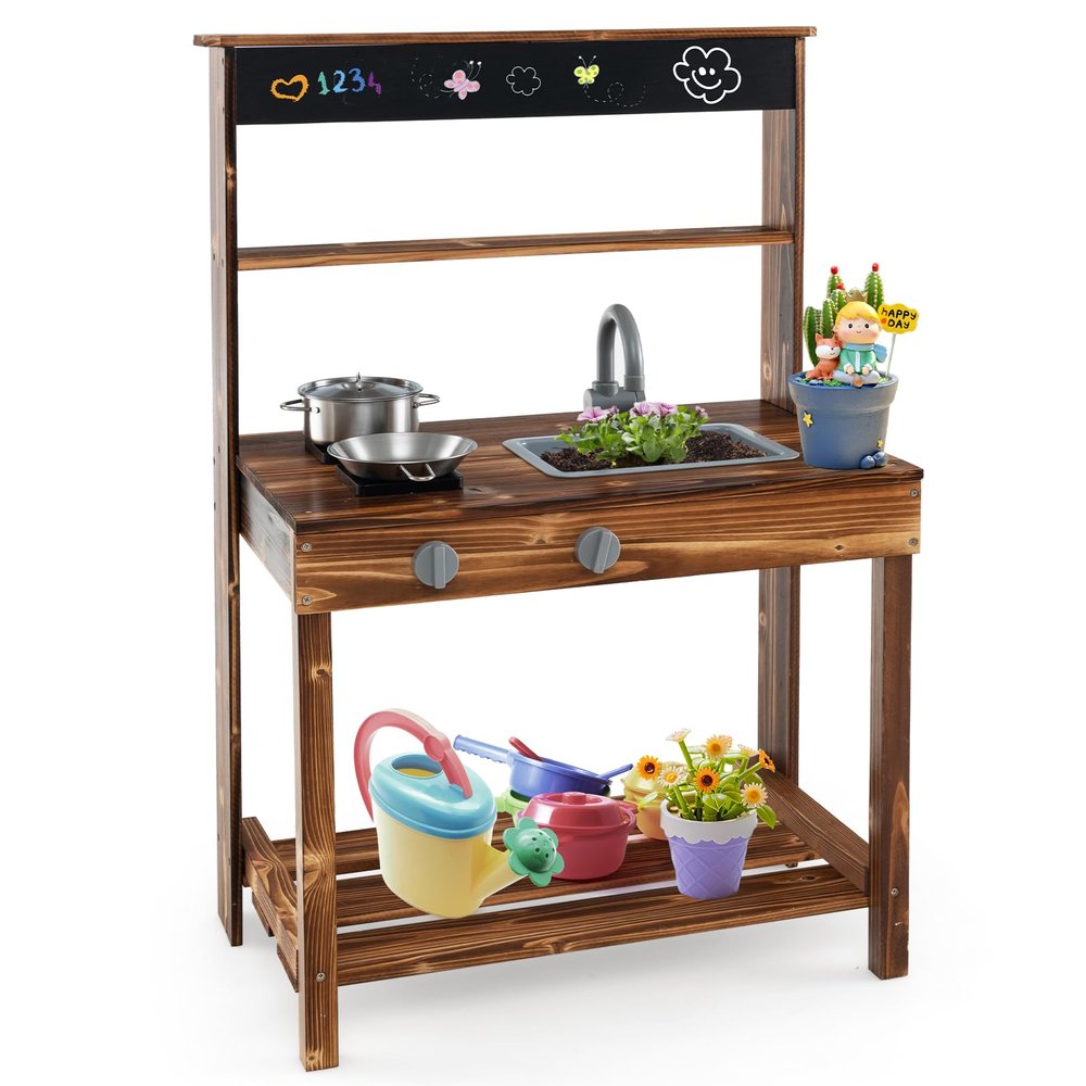 HONEY JOY Mud Kitchen, Fir Wood Outdoor Play Kitchen for Toddlers, Realistic Faucet & Garden Sink, Stoves, Chalkboard, Storage Shelf, Outdoor Kitchen Playset, Mud Kitchen for Kids Outdoor Backyard