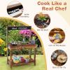 HONEY JOY Mud Kitchen, Fir Wood Outdoor Play Kitchen for Toddlers, Realistic Faucet & Garden Sink, Stoves, Chalkboard, Storage Shelf, Outdoor Kitchen Playset, Mud Kitchen for Kids Outdoor Backyard view 3