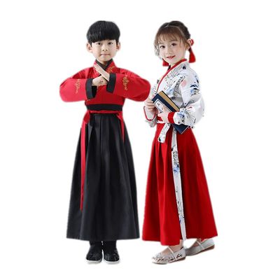 TANZEQI Chinese Traditional Hanfu Dress Suit for Boys and Girls Han Dynasty Ancient Party Dress Traditional Culture Clothing Formal Festival Wear (Red and Black, 120)