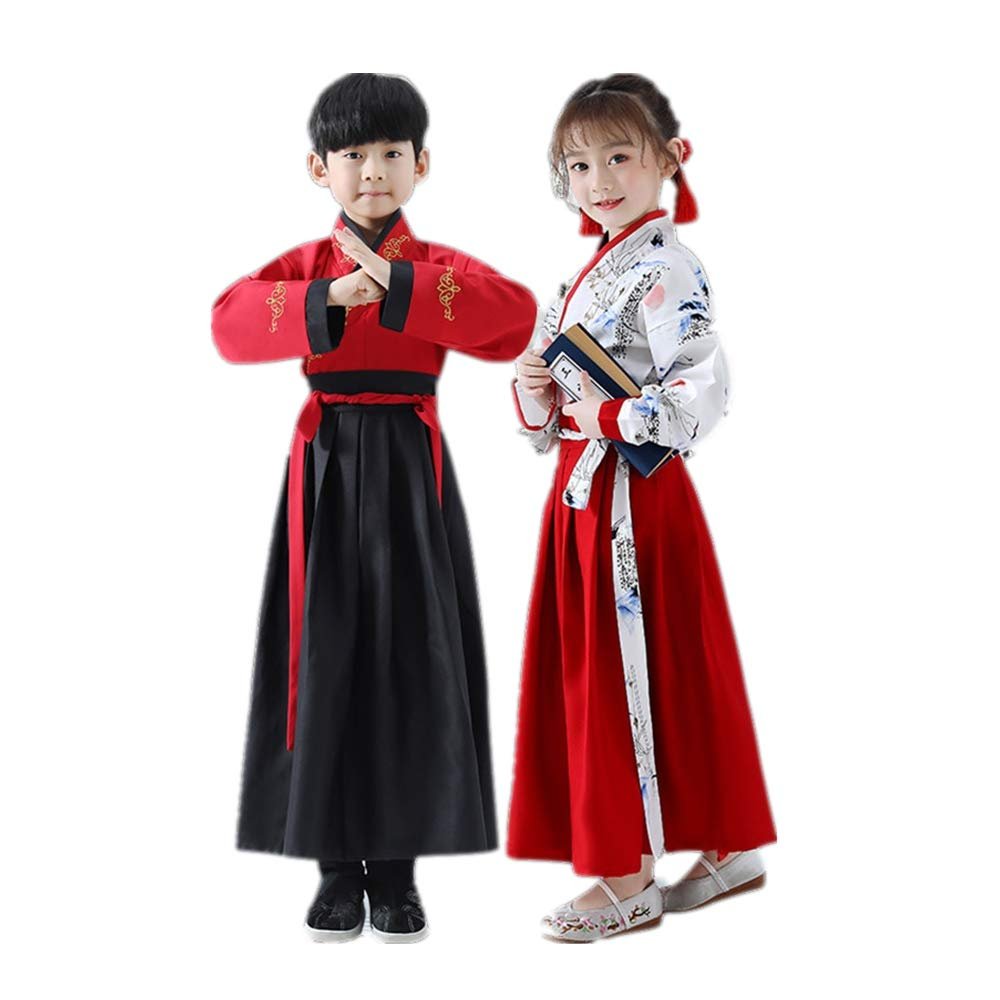 TANZEQI Chinese Traditional Hanfu Dress Suit for Boys and Girls Han Dynasty Ancient Party Dress Traditional Culture Clothing Formal Festival Wear (Red and Black, 120)