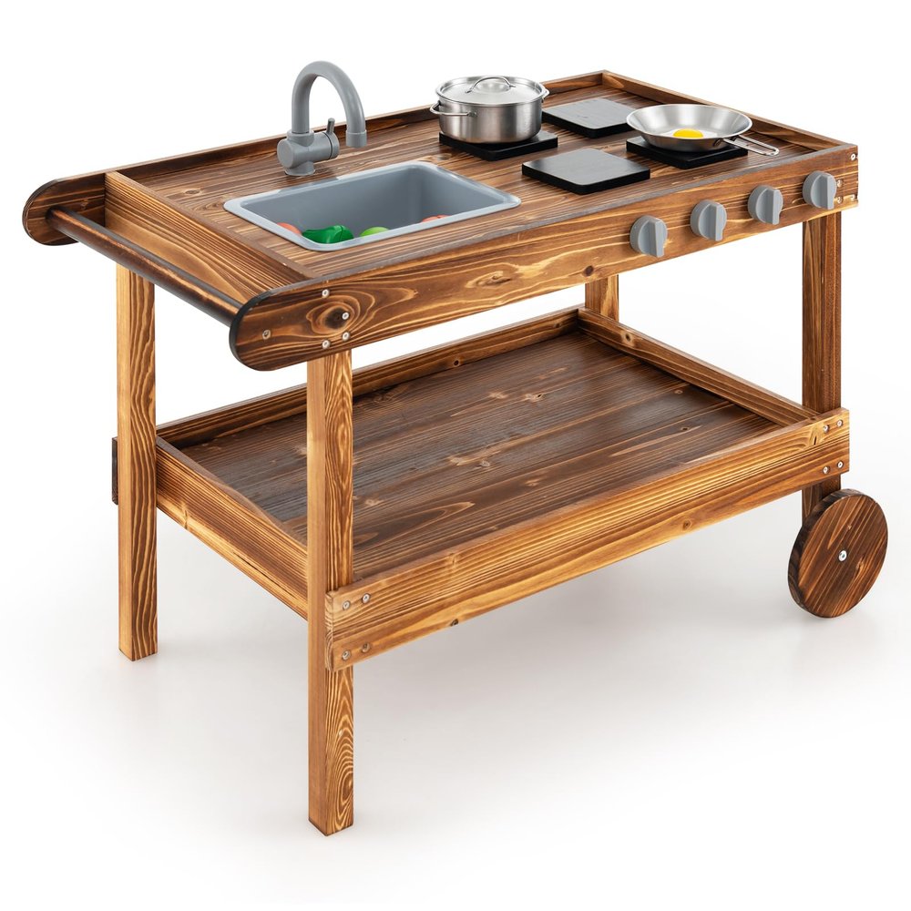 Costzon Mud Kitchen, Outdoor Play Kitchen with Sink, Faucet, Stoves and Cooking Accessories, Storage Shelf, Toddler Wooden Rolling Mud Table Cart, Mud Kitchen for Kids Outdoor