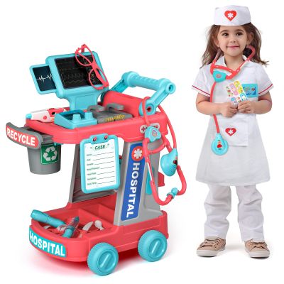 Liberry Doctor Kit for Toddlers Ages 2 3 4 5, Pretend Kids Doctor Playset with Cart, Costume and Stethoscope, Role Play Medical Toys Birthday Gift for Girls Boys (Red)