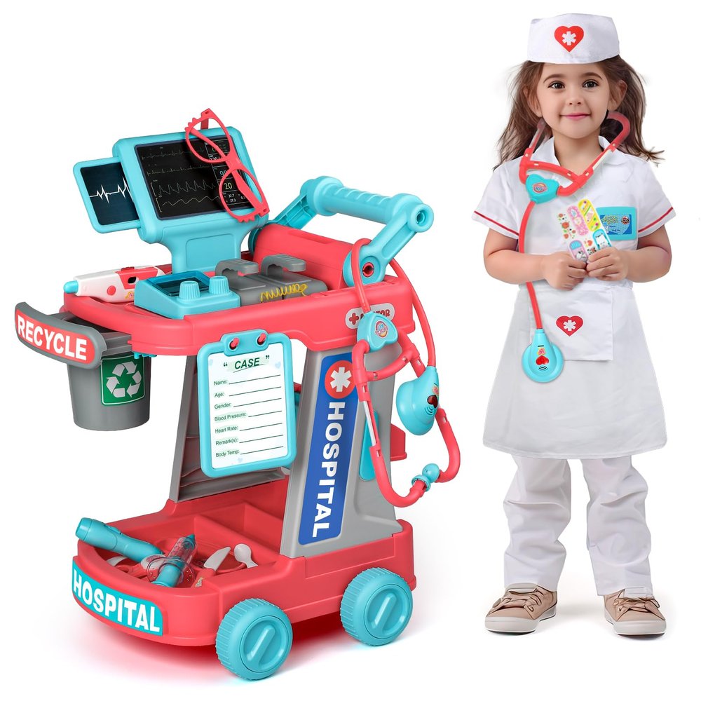 Liberry Doctor Kit for Toddlers Ages 2 3 4 5, Pretend Kids Doctor Playset with Cart, Costume and Stethoscope, Role Play Medical Toys Birthday Gift for Girls Boys (Red)