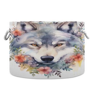 Flradish Wolf Head with Flowers Cotton Rope Baske,20" X 20" X 14" Woven Baby Soft Waterproof Laundry Baskets with Handles,Toy Basket for Storage,Living Room,Toy,Blankets,Clothes