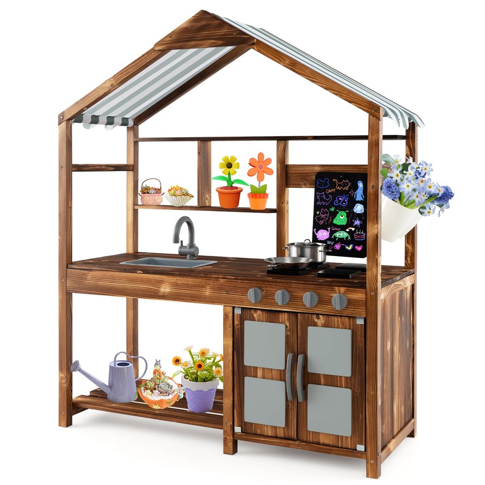 Costzon Mud Kitchen for Kids Outdoor, Wooden Pretend Play Kitchen w/Canopy, Chalkboard, Stove, Removable Sink, Cooking Accessories & Storage, Montessori Toy for Preschool, Backyard, Garden (3+ Years)
