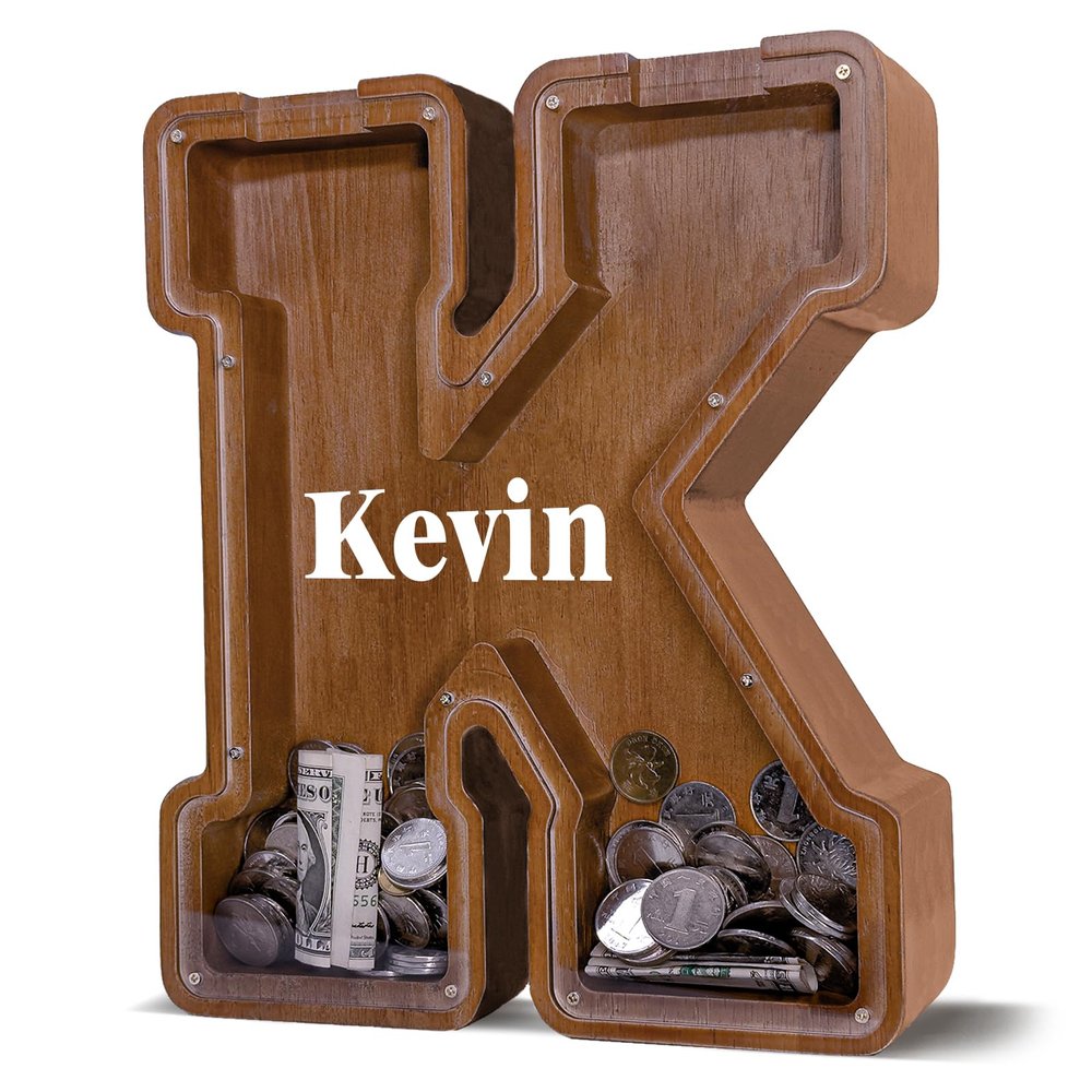 12" Custom Extra Large Wooden Letter Piggy Bank (Laser Engraved Name) Personalized Piggy Bank for Kids Boys Girls Customized Coin Bank Perfect Personalized Gift for Birthday and Festival-K Piggy Bank