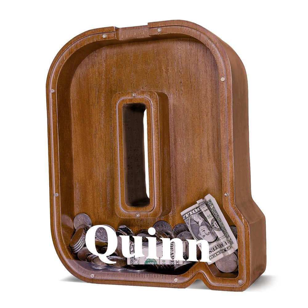 12" Custom Extra Large Wooden Letter Piggy Bank (Laser Engraved Name) Personalized Piggy Bank for Kids Boys Girls Customized Coin Bank Perfect Personalized Gift for Birthday and Festival-Q Piggy Bank