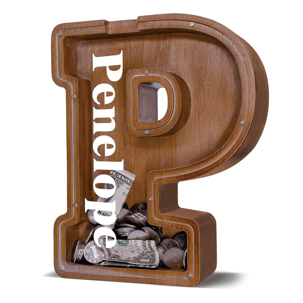 12" Custom Extra Large Wooden Letter Piggy Bank (Laser Engraved Name) Personalized Piggy Bank for Kids Boys Girls Customized Coin Bank Perfect Personalized Gift for Birthday and Festival-P Piggy Bank