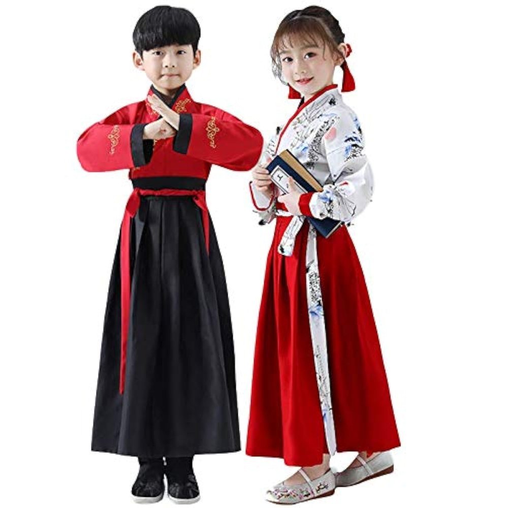 TANZEQI Chinese Traditional Hanfu Dress Suit for Boys and Girls Han Dynasty Ancient Party Dress Traditional Culture Clothing Formal Festival Wear (White and Red, 130)