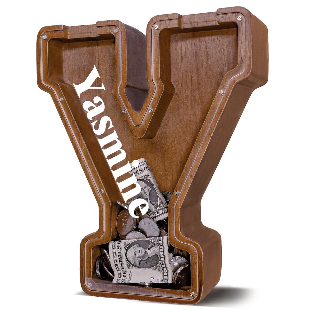 12" Custom Extra Large Wooden Letter Piggy Bank (Laser Engraved Name) Personalized Piggy Bank for Kids Boys Girls Customized Coin Bank Perfect Personalized Gift for Birthday and Festival-Y Piggy Bank