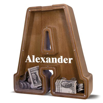 12" Custom Extra Large Wooden Letter Piggy Bank (Laser Engraved Name) Personalized Piggy Bank for Kids Boys Girls Customized Coin Bank Perfect Personalized Gift for Birthday and Festival-A Piggy Bank