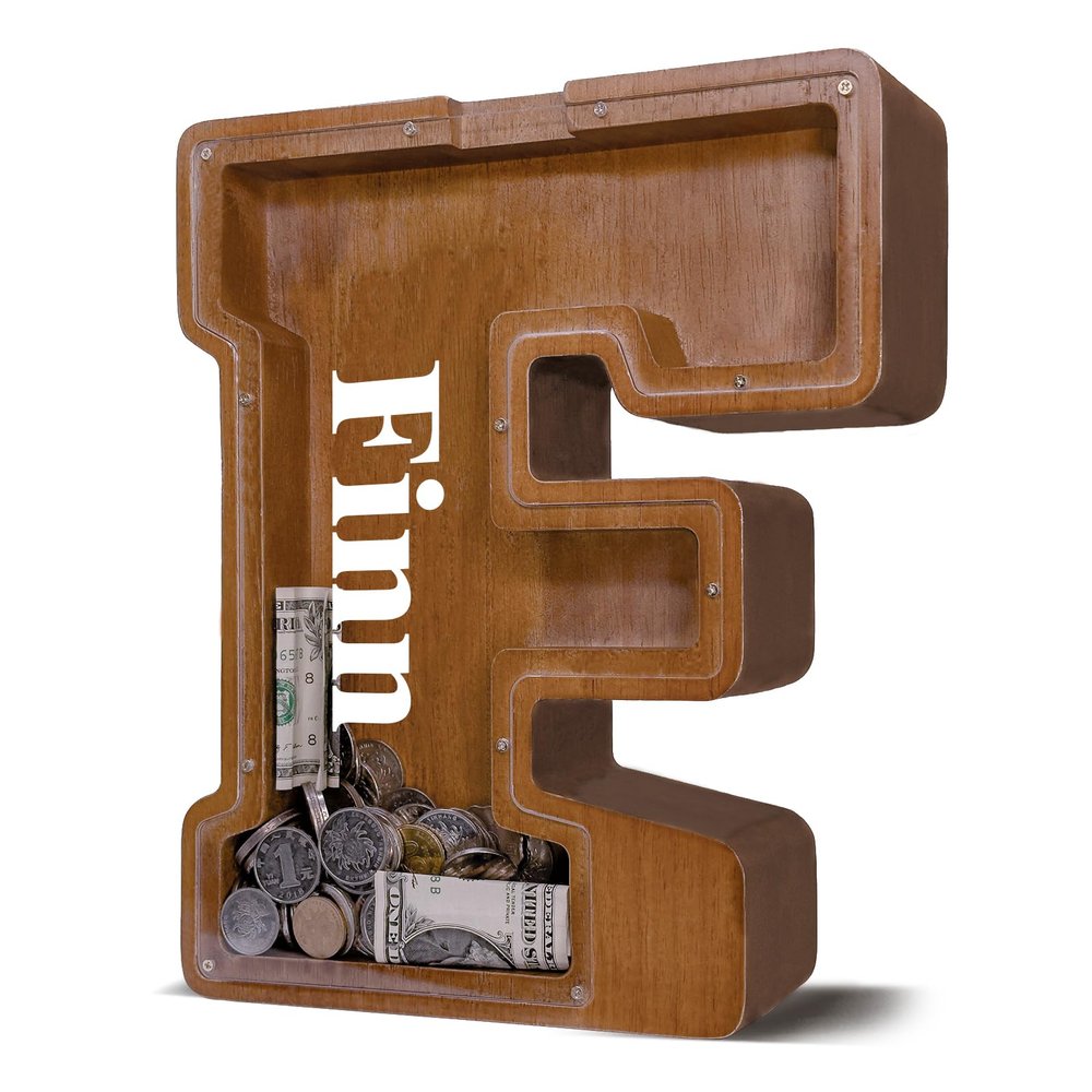 12" Custom Extra Large Wooden Letter Piggy Bank (Laser Engraved Name) Personalized Piggy Bank for Kids Boys Girls Customized Coin Bank Perfect Personalized Gift for Birthday and Festival-F Piggy Bank