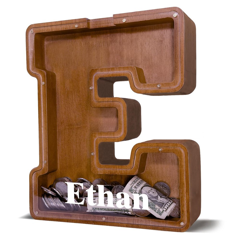 12" Custom Extra Large Wooden Letter Piggy Bank (Laser Engraved Name) Personalized Piggy Bank for Kids Boys Girls Customized Coin Bank Perfect Personalized Gift for Birthday and Festival-E Piggy Bank