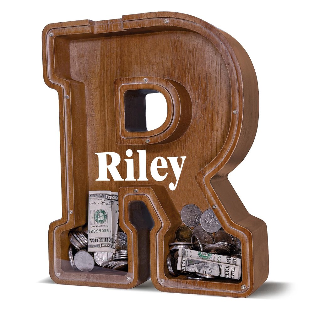 12" Custom Extra Large Wooden Letter Piggy Bank (Laser Engraved Name) Personalized Piggy Bank for Kids Boys Girls Customized Coin Bank Perfect Personalized Gift for Birthday and Festival-R Piggy Bank