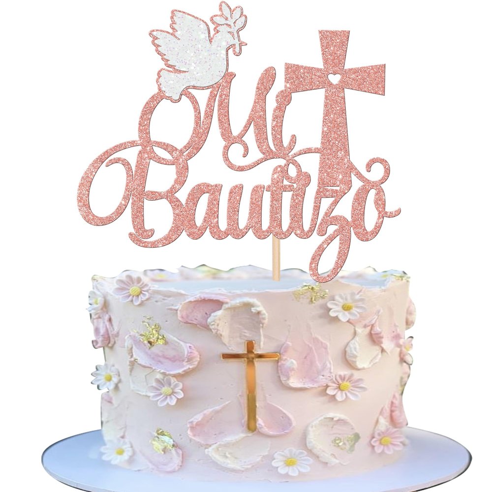 Rsstarxi 1 Pack Spanish Mi Bautizo Cake Topper Cross First Holy Communion Cake Decoration Christening Baptism Cake Pick for Religious God Bless Baby Shower Birthday Party Decoration Rose Gold