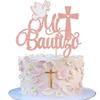 Rsstarxi 1 Pack Spanish Mi Bautizo Cake Topper Cross First Holy Communion Cake Decoration Christening Baptism Cake Pick for Religious God Bless Baby Shower Birthday Party Decoration Rose Gold view 1