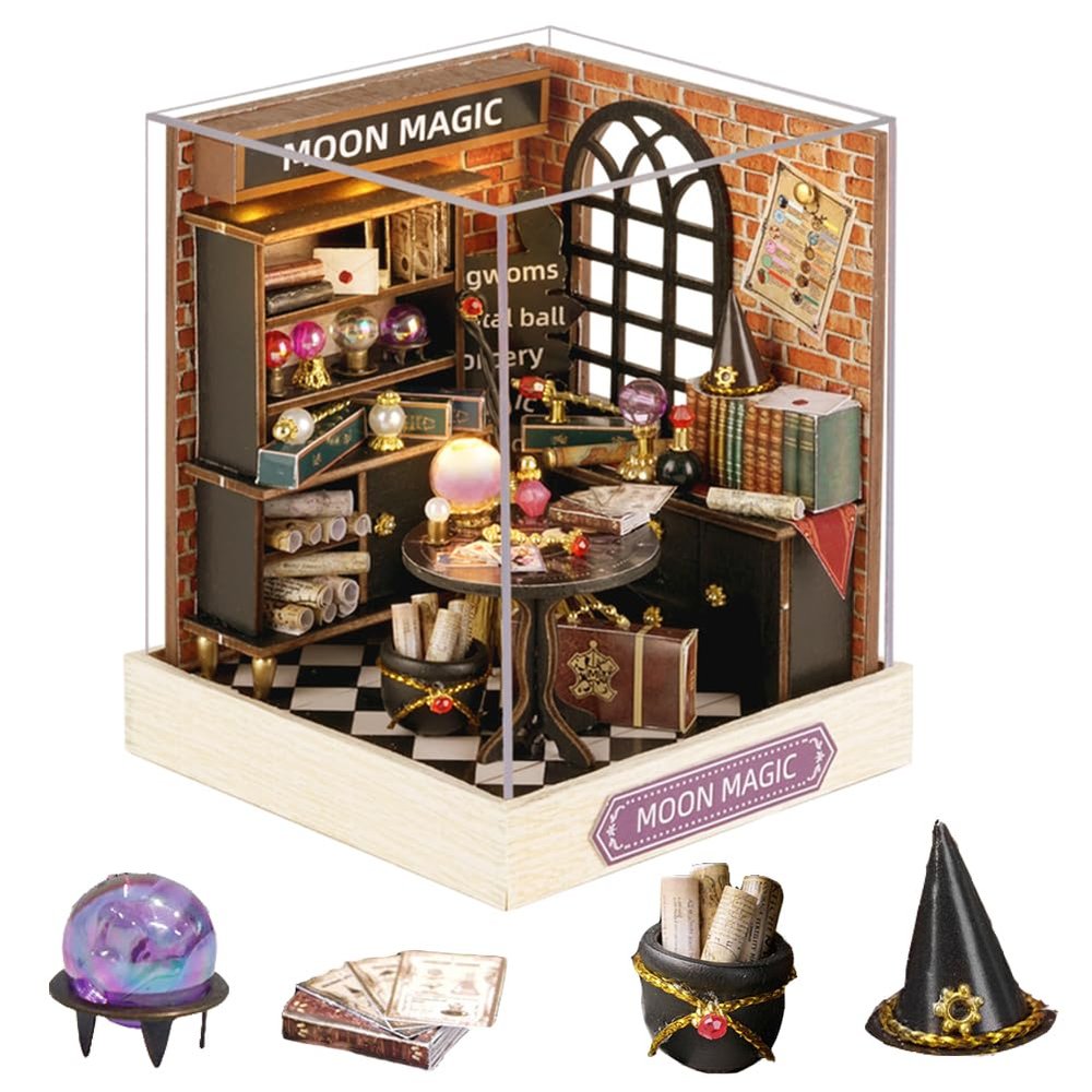 1:24 Scale Creative Room Mini Wooden Doll House Plus Dust Proof,DIY Miniature Dollhouse Kit with Furniture for Adults