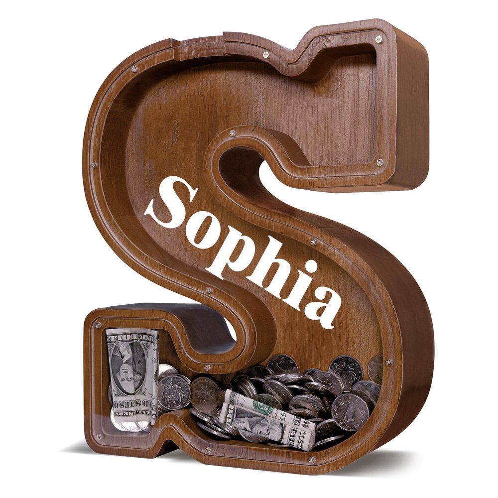 12" Custom Extra Large Wooden Letter Piggy Bank (Laser Engraved Name) Personalized Piggy Bank for Kids Boys Girls Customized Coin Bank Perfect Personalized Gift for Birthday and Festival-S Piggy Bank