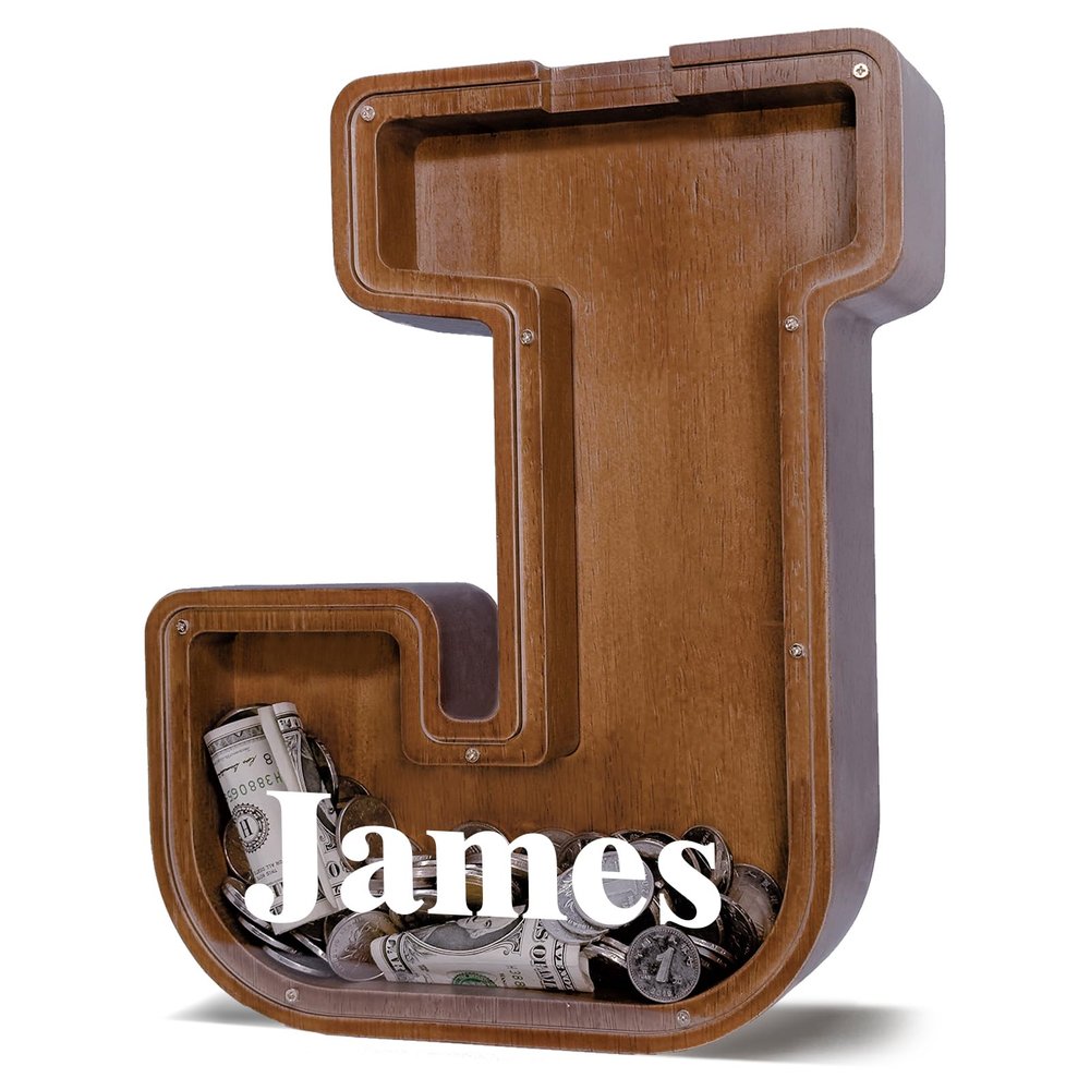12" Custom Extra Large Wooden Letter Piggy Bank (Laser Engraved Name) Personalized Piggy Bank for Kids Boys Girls Customized Coin Bank Perfect Personalized Gift for Birthday and Festival-J Piggy Bank
