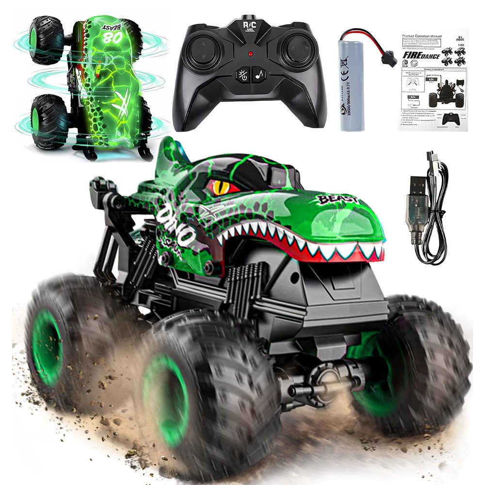 BEZGAR Monster Truck Toys - Remote Control Monster Truck with Light & Music, Dinosaur Toys for Kids, 1:20 Scale RC Truck with 360 Spins and Drifting, Remote Control Car for Boys 4-7