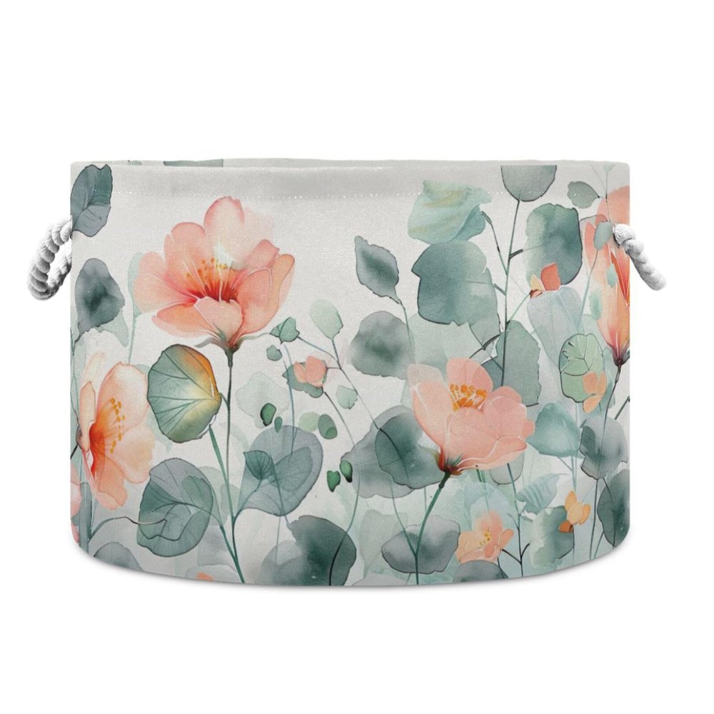 Flradish Watercolor Leaves Flowers Cotton Rope Baske,20" X 20" X 14" Woven Baby Soft Waterproof Laundry Baskets with Handles,Toy Basket for Storage,Living Room,Toy,Blankets,Clothes
