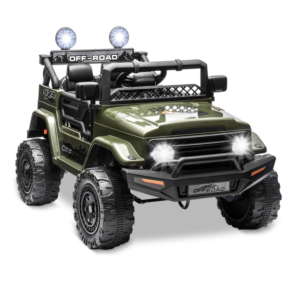 SEHOMY 12V Kids Ride On Truck with Parent Remote, 4 Wheels Battery Powered Electric Car for Kids Toys - 3 Speed, Spring Suspension, LED Lights, Safety Start, Music, Kids Electric Vehicles Dark Green