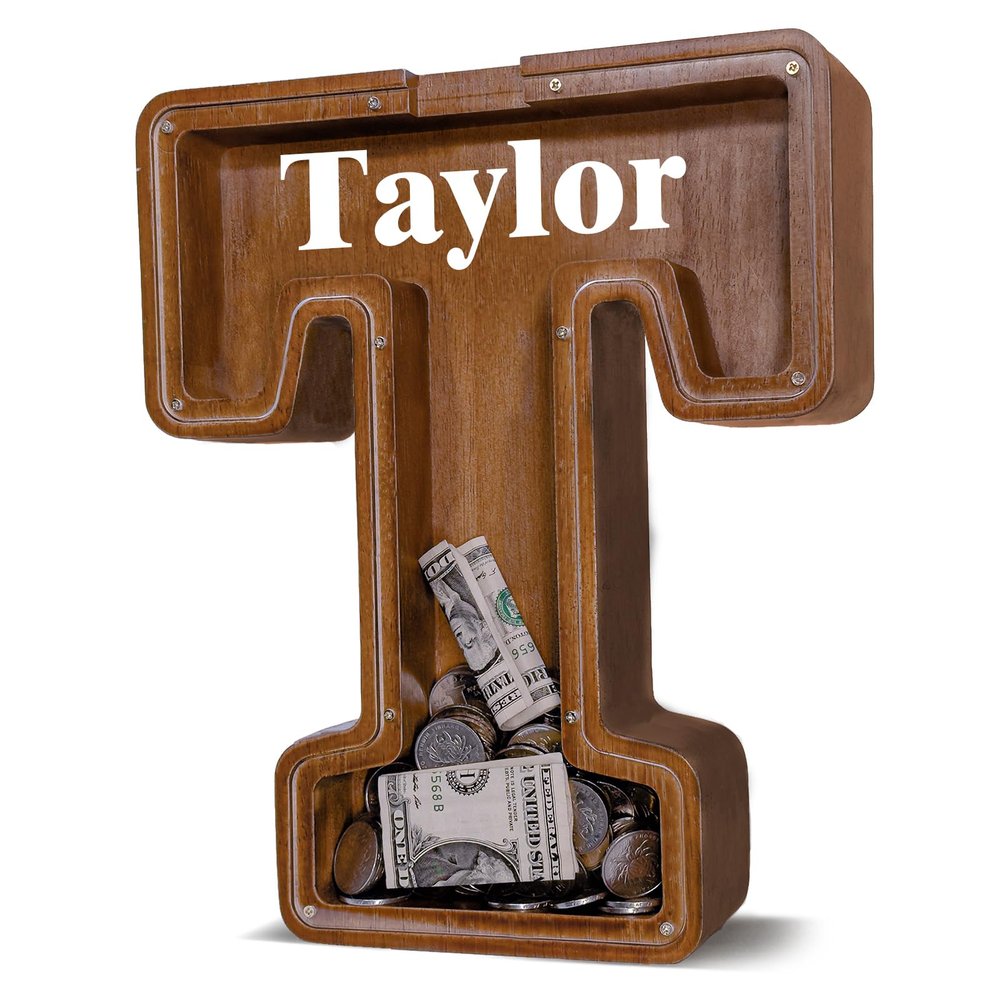 12" Custom Extra Large Wooden Letter Piggy Bank (Laser Engraved Name) Personalized Piggy Bank for Kids Boys Girls Customized Coin Bank Perfect Personalized Gift for Birthday and Festival-T Piggy Bank